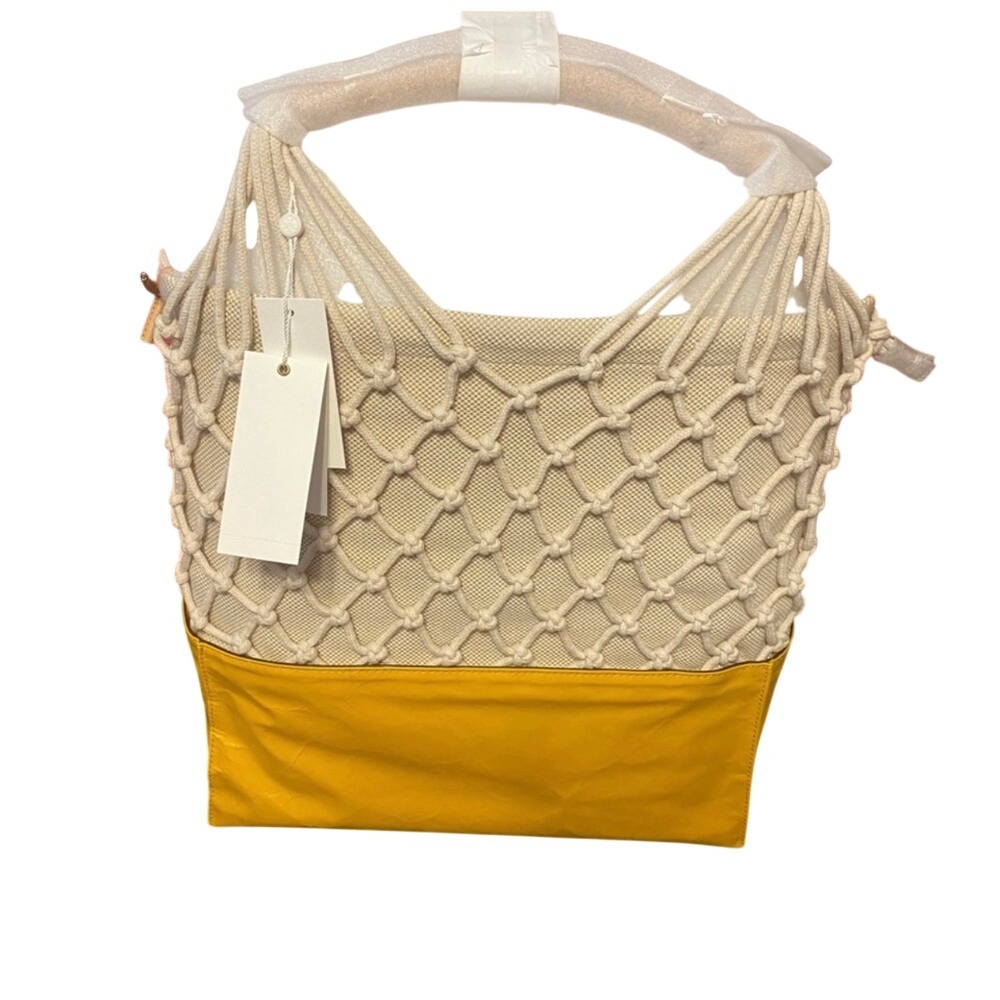 Tory Burch Tote Bag Net Crochet Leather Yellow OS NWT MSRP $378‎